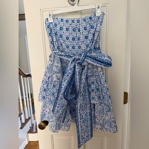 NWOT SUE SARTOR Blue White Floral Strapless Tiered Mini Flounce Dress Sundress